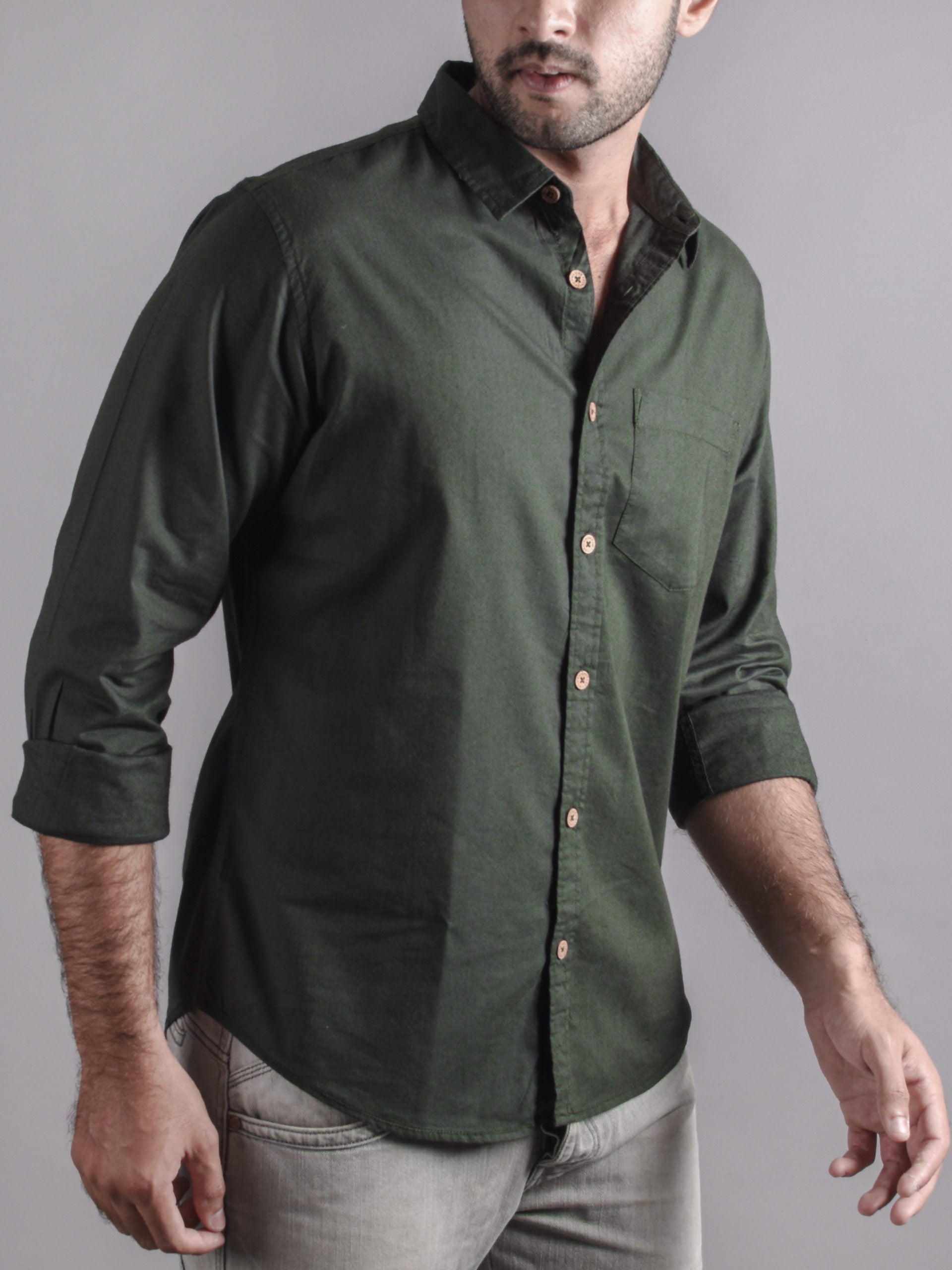 Solid Olive Green Luxury Bamboo Fiber Shirt For Men by Bombay Trooper