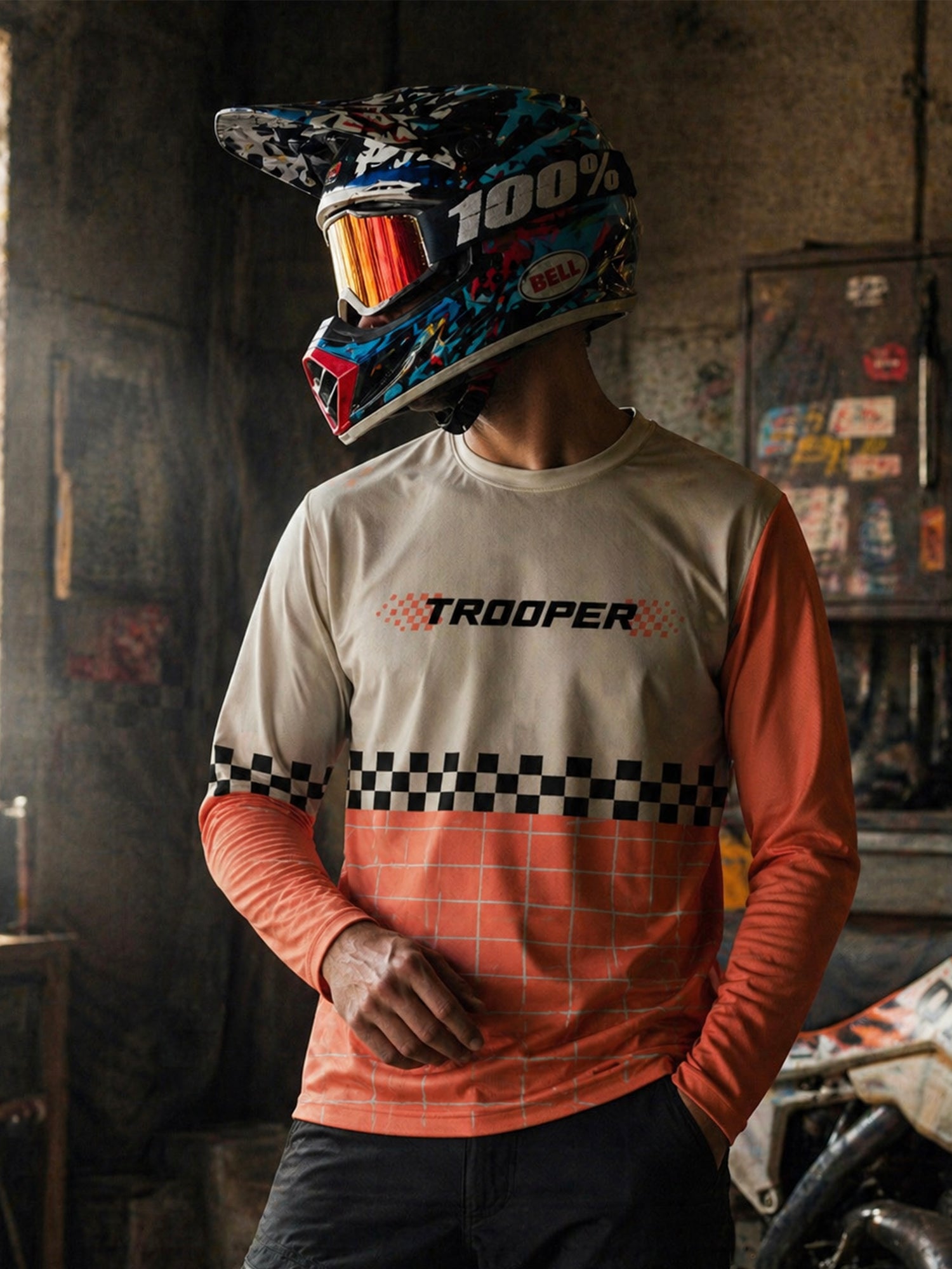 Beige & Orange Checkered Grid Full Sleeve Jersey